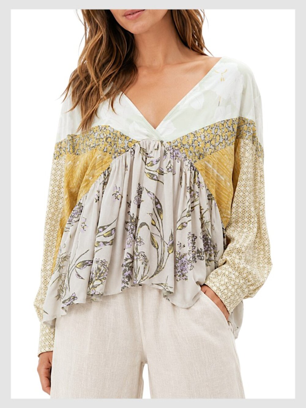 Free People Aloha State of Mind Blouse Cream Yellow Floral Patchwork L